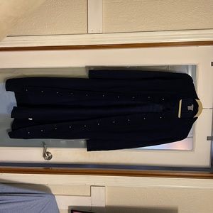 Navy tab button detail duster sweater 4’ length. (Purple undertones)